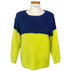 K. Jordan Faux Mohair Sweater Colorblock Blue & Lime Green SzM Long Sleeve